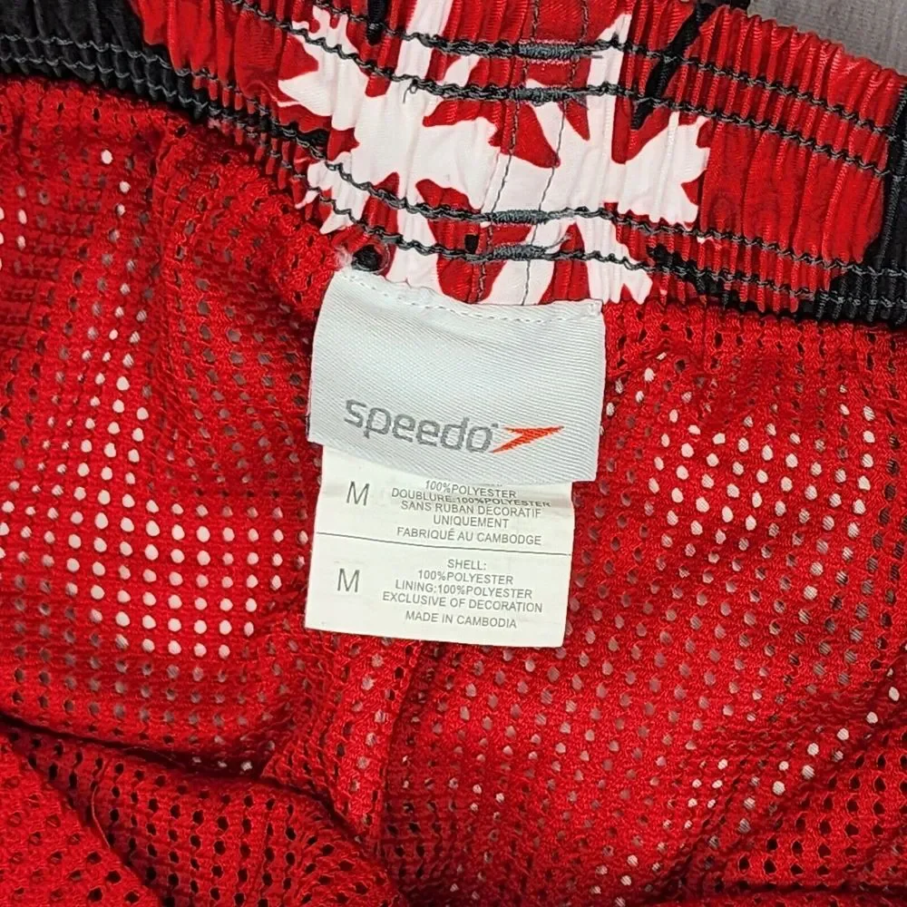 Speedo Mens M Lined Swim Trunks Black and Red Hawaiian Flower Boardshort Pockets